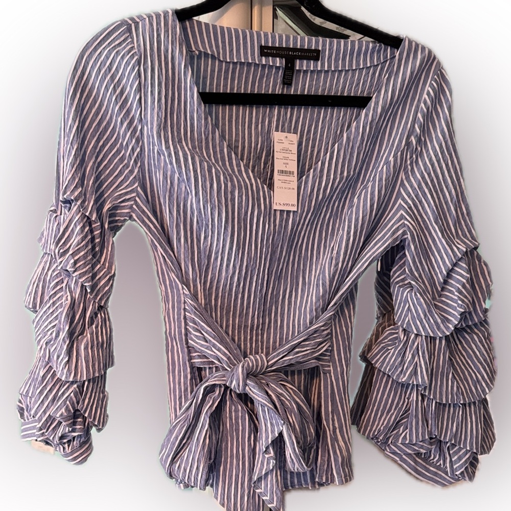 White House Black Market Blue Striped Ruffle Blouse